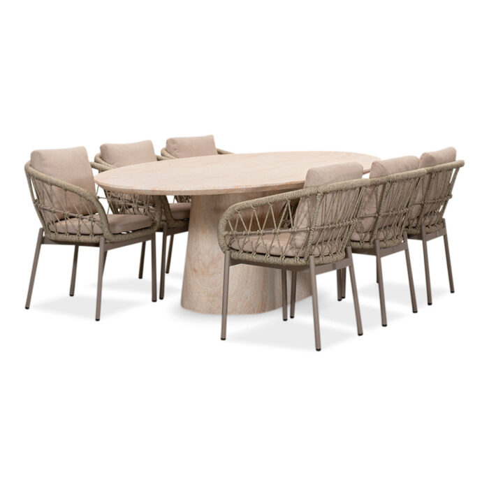 BUITEN living Max/Dakota beige dining tuinset | 6 personen | travertin + touw | 240cm ovaal