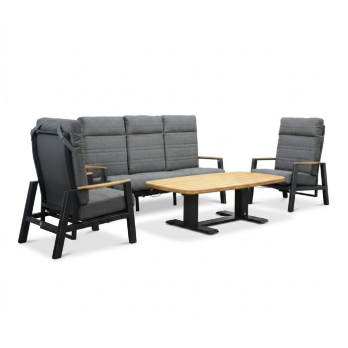 LUX outdoor living Brighton stoel-bank loungeset verstelbaar 5 personen | aluminium + teak | antraciet | 4-delig