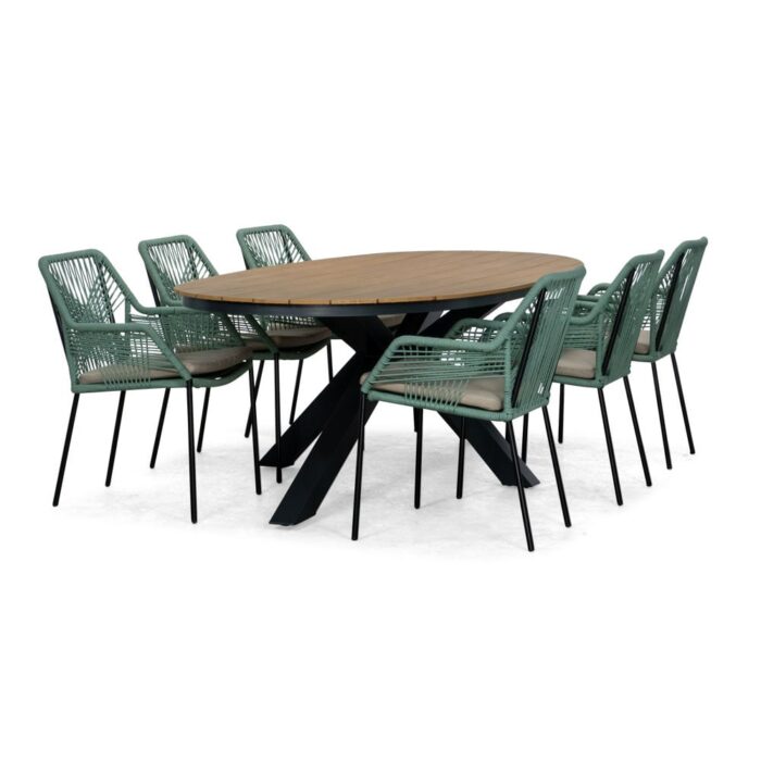 Lesli Living Arezzo/Seville mint dining tuinset | 6 personen | polywood + touw | 240cm ovaal – Taupe – Naturel – Bruin, Zwart, Mint
