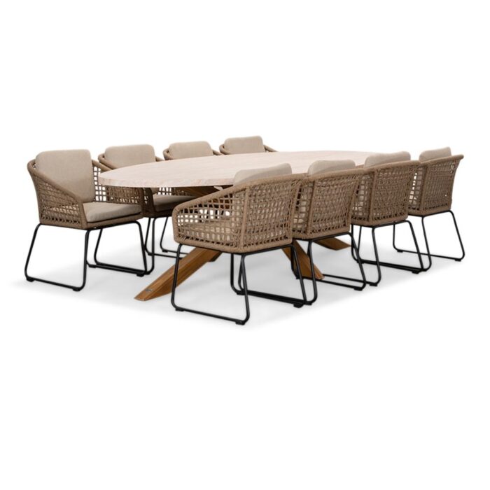 BUITEN living Lorento/Tulum Sahara Dust dining tuinset | 8 personen | travertin + touw | 280cm – Zand