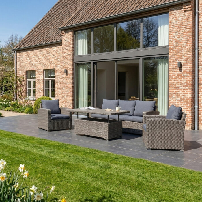 Denza Furniture Malibu stoel-bank loungeset met verstelbare tafel 5 personen | wicker + polywood | Ash Grey | 4-delig