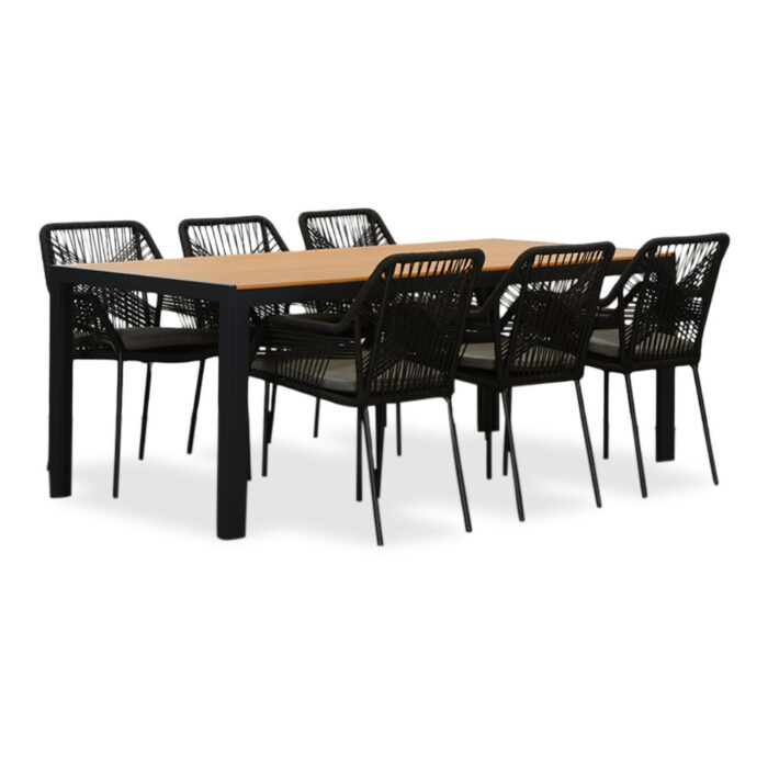 LUX outdoor living Manchester Natural/Seville zwart dining tuinset | 6 personen | polywood + touw | 205cm – Grijs