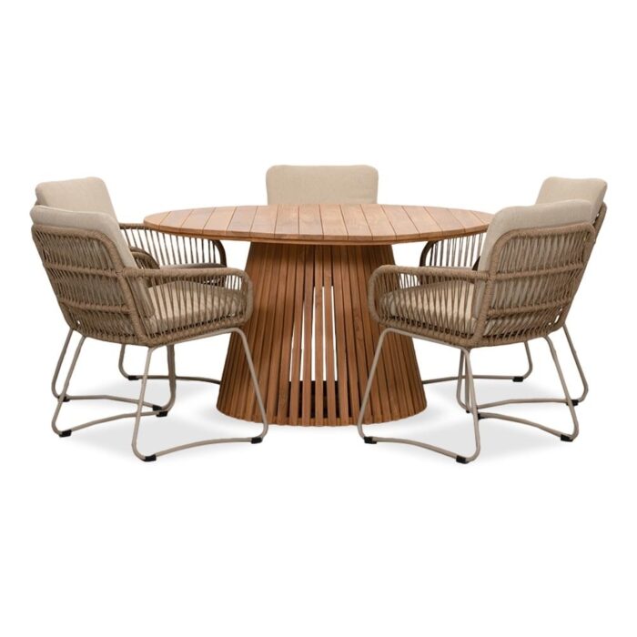 BUITEN living Palau/Harper Sandstone dining tuinset | 5 personen | teakhout + touw | 140cm – Zand