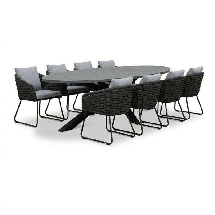BUITEN living Stockholm/Flora Stone Grey dining tuinset | 8 personen | polystone + touw | 280cm – Betonlook