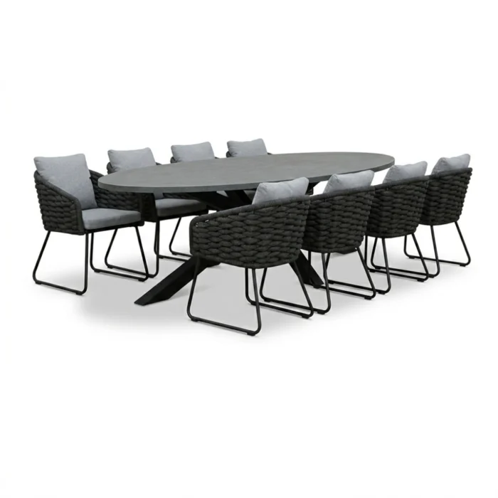 BUITEN living Stockholm/Flora Stone Grey dining tuinset | 8 personen | polystone + touw | 280cm - Betonlook