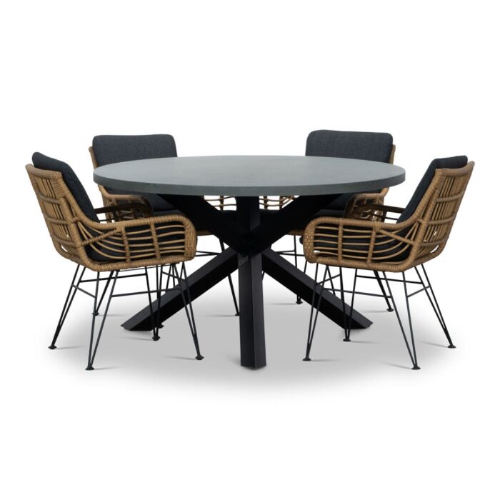 BUITEN living Meran/Carlos Antraciet dining tuinset | 4 personen | betonlook + wicker | 135cm rond