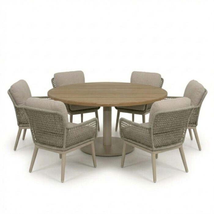 LUX outdoor living Salora beige/Mila beige low dining tuinset | 6 personen | teakhout + touw | 150cm