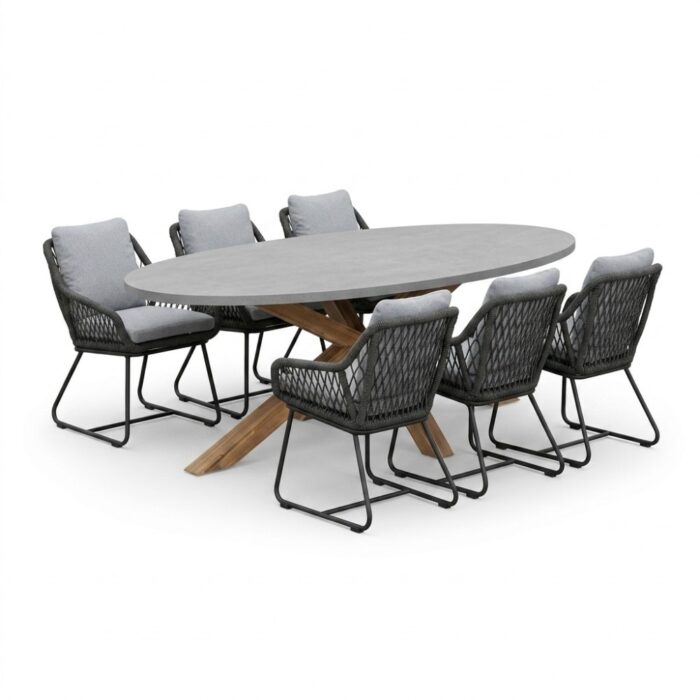 BUITEN living Livorno/Portofino Stone Grey dining tuinset | 6 personen | polystone + touw | 240cm – Betonlook