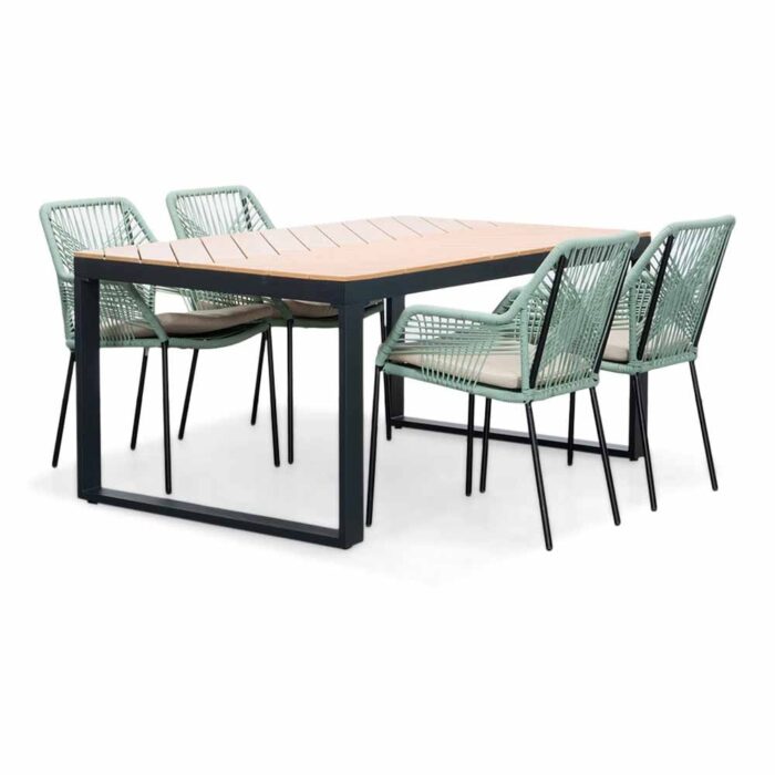 LUX outdoor living Kampa Natural/Seville mint dining tuinset | 4 personen | polywood + touw | 160cm – Taupe – Naturel – Bruin, Mint