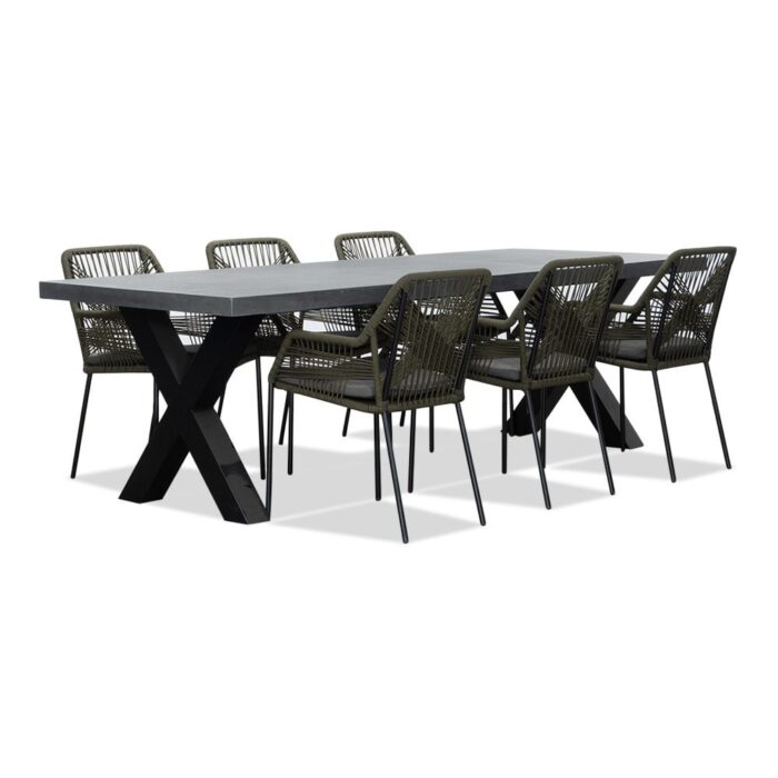 BUITEN living Lyon/Seville olijfgroen dining tuinset | 6 personen | betonlook + touw | 250cm – Grijs
