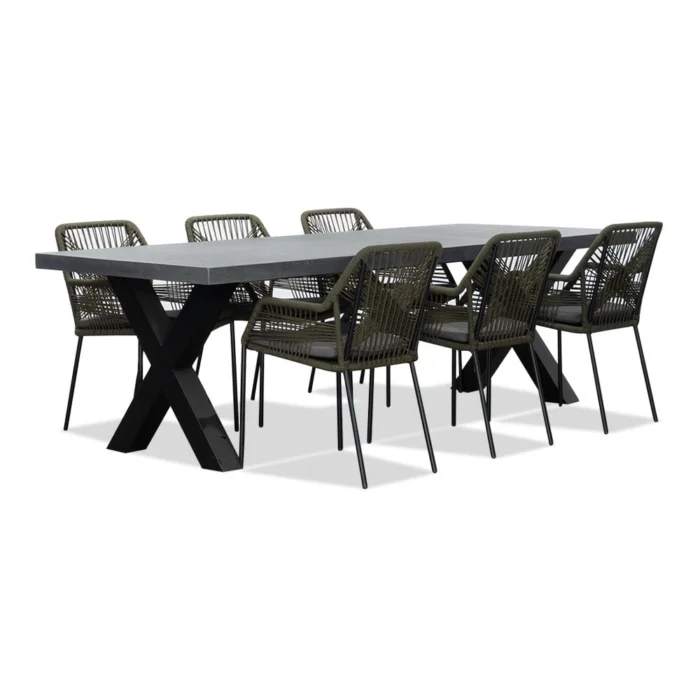 BUITEN living Lyon/Seville olijfgroen dining tuinset | 6 personen | betonlook + touw | 250cm - Grijs
