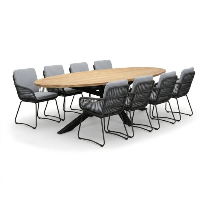 LUX outdoor living Cleve antraciet/Harper Stone Grey dining tuinset | 8 personen | teakhout + touw | 280cm ovaal