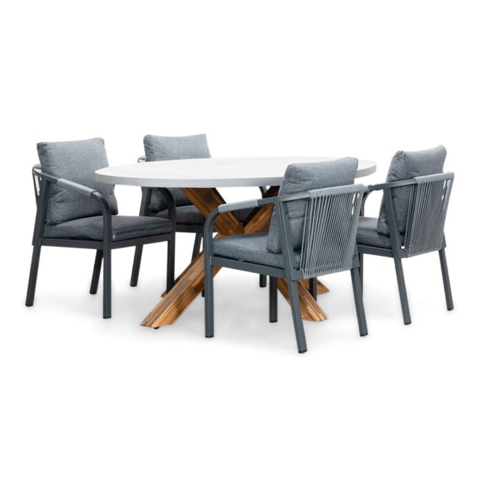BUITEN living Livorno/Calgary antraciet dining tuinset | 4 personen | betonlook + touw | 200cm ovaal – Light Teak, Betonlook, Antraciet