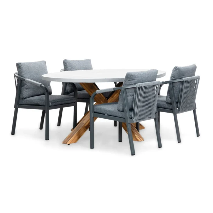 BUITEN living Livorno/Calgary antraciet dining tuinset | 4 personen | betonlook + touw | 200cm ovaal - Light Teak, Betonlook, Antraciet
