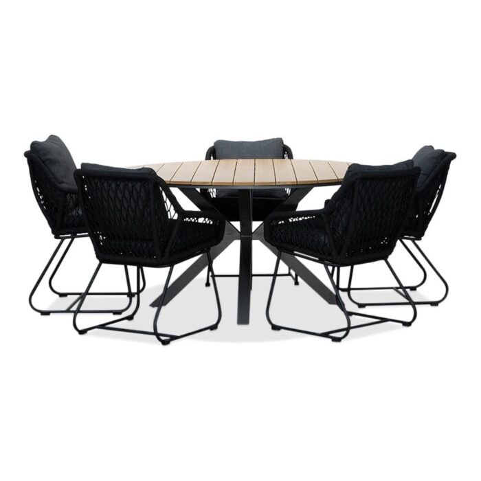 LUX outdoor living Cervo/Portofino zwart dining tuinset | 5 personen | polywood + touw | 144cm – Light Teak, Zwart