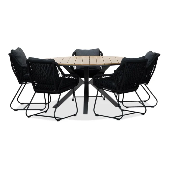 LUX outdoor living Cervo/Portofino zwart dining tuinset | 5 personen | polywood + touw | 144cm - Light Teak, Zwart
