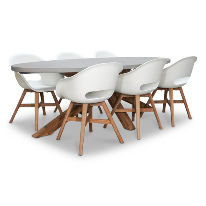BUITEN living Livorno/Karlstad wit dining tuinset | 6 personen | betonlook + kunststof | 240cm – Betonlook, Wit