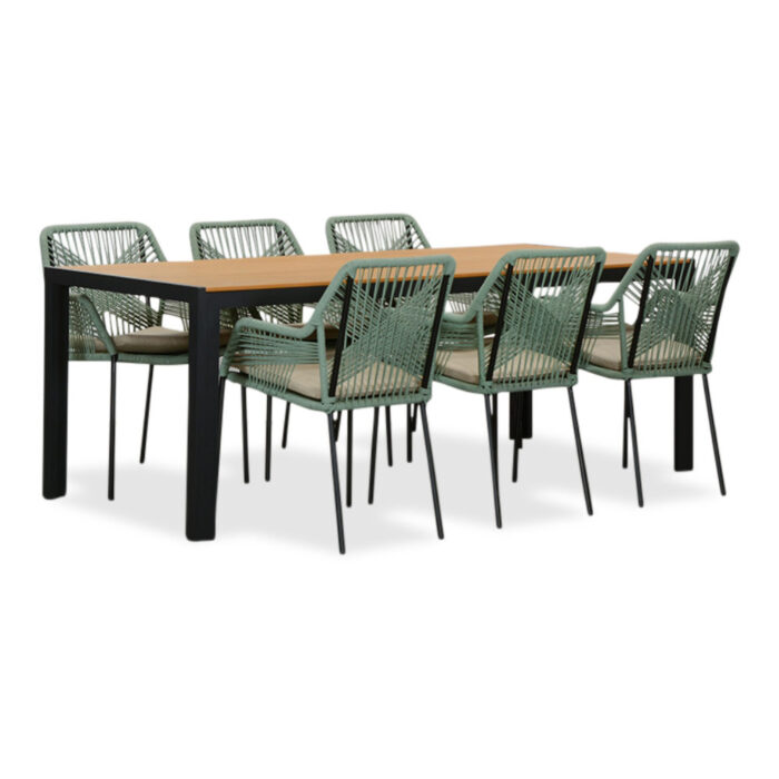 LUX outdoor living Manchester Natural/Seville mint dining tuinset | 6 personen | polywood + touw | 205cm – Zand