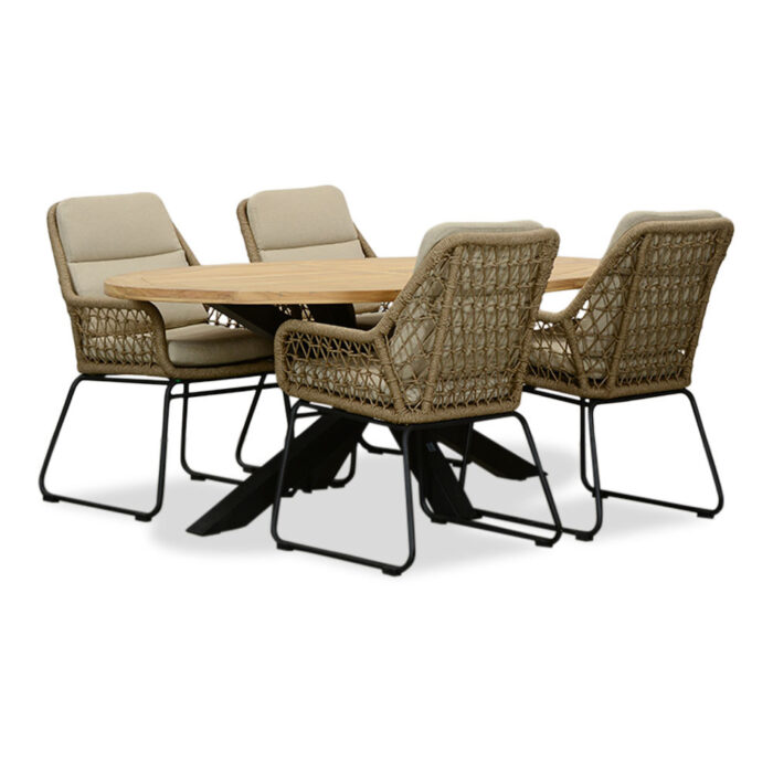 LUX outdoor living Cleve/Valencia Sahara Dust dining tuinset | 4 personen | teakhout + touw | 200cm ovaal – Zand