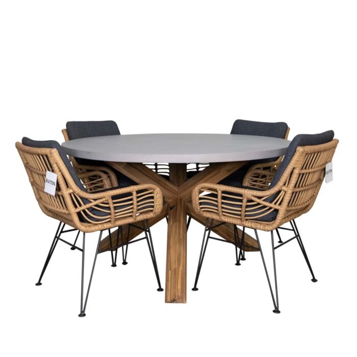 BUITEN living Nancy/Carlos dining tuinset | 4 personen | betonlook + wicker | 135cm rond – Taupe – Naturel – Bruin, Betonlook