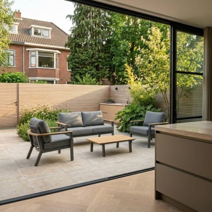 LUX outdoor living Montana stoel-bank loungeset 4 personen incl. tafel | aluminium + teak | antraciet | 4-delig
