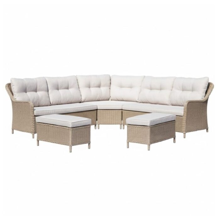 Denza Furniture Arizona dining loungeset 7 personen | wicker + aluminium | Royal Sand | 5-delig 245x245cm | zonder tafel – Taupe – Naturel – Bruin