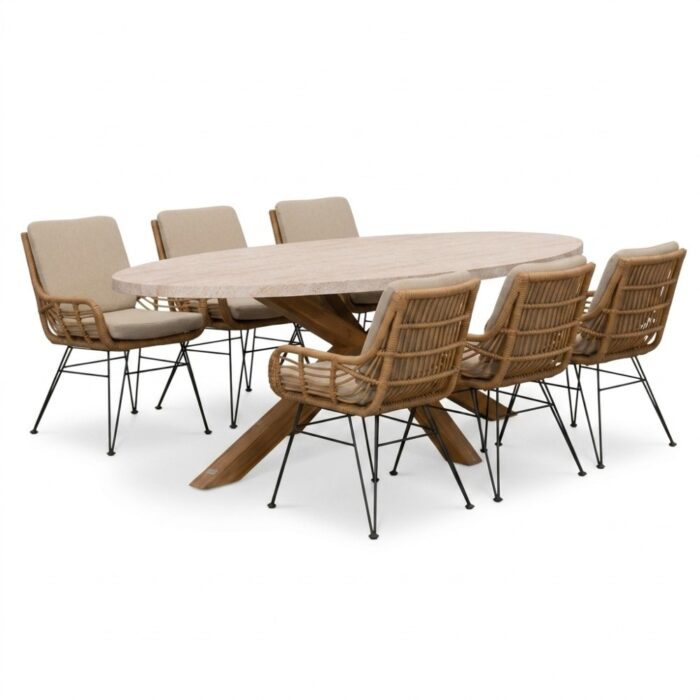 BUITEN living Lorento/Carlos taupe dining tuinset | 6 personen | polystone + wicker | 240cm – Travertin