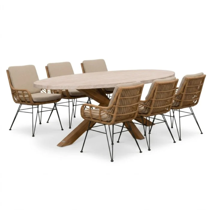 BUITEN living Lorento/Carlos taupe dining tuinset | 6 personen | polystone + wicker | 240cm - Travertin
