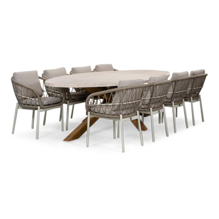 BUITEN living Lorento/Dakota beige/wit dining tuinset | 8 personen | travertin + touw | 280cm – Zwart