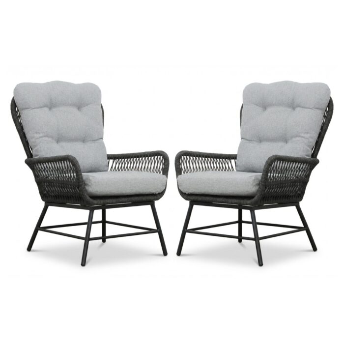 BUITEN living Dex loungestoel tuin set van 2 | touw + aluminium | Stone Grey – Grijs