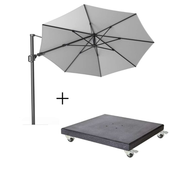 Platinum Challenger T² zweefparasol | Ø350cm rond met Modena parasolvoet 120kg | Light grey – Lichtgrijs