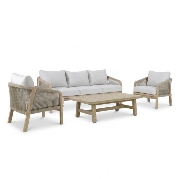 BUITEN living Rivello stoel-bank loungeset 5 personen incl loungetafel | touw + hardhout | zand – Beige