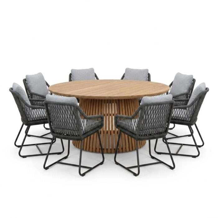BUITEN living Palau/Portofino Stone Grey dining tuinset | 8 personen | teakhout + touw | 180cm rond – Natural Teak