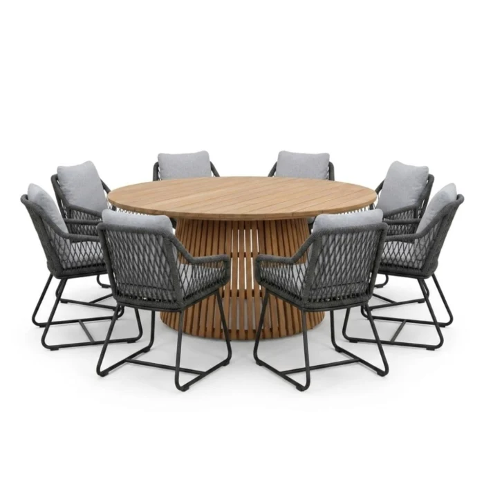 BUITEN living Palau/Portofino Stone Grey dining tuinset | 8 personen | teakhout + touw | 180cm rond - Natural Teak