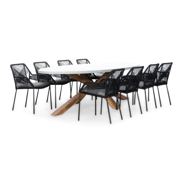 BUITEN living Livorno/Seville zwart dining tuinset | 8 personen | betonlook + touw | 280cm ovaal – Light Teak, Betonlook, Zwart
