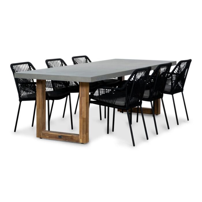 BUITEN living Lausanne/Seville zwart dining tuinset | 6 personen | betonlook + touw | 250cm – Betonlook, Zwart