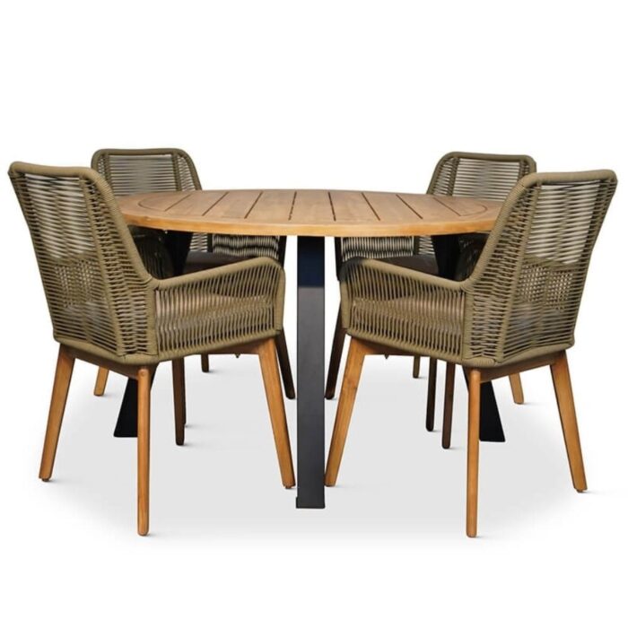 BUITEN living Cork/Padua dining tuinset | 4 personen | hardhout + touw | 130cm – Groen, Zwart