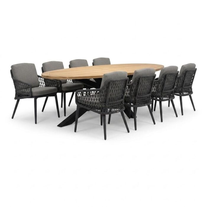 LUX outdoor living Cleve/Vedra antraciet dining tuinset | 8 personen | teakhout + touw | 280cm ovaal