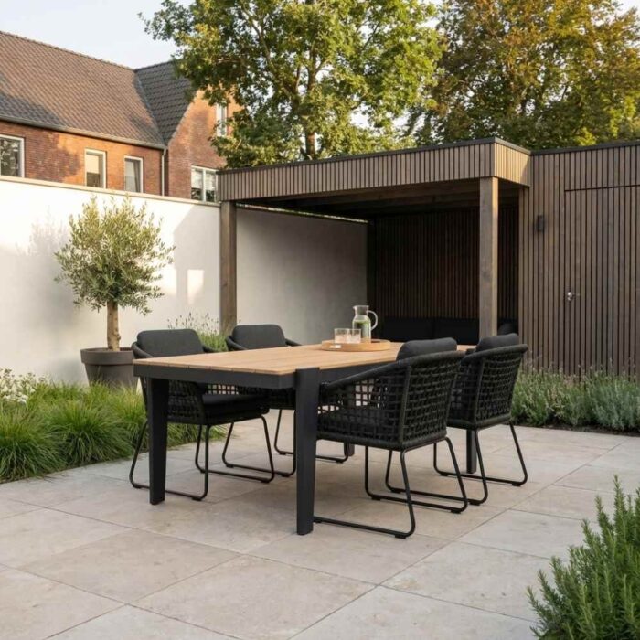 LUX outdoor living Vigo/Tulum Lava Grey dining tuinset | 4 personen | teakhout + touw | 200cm – Grijs