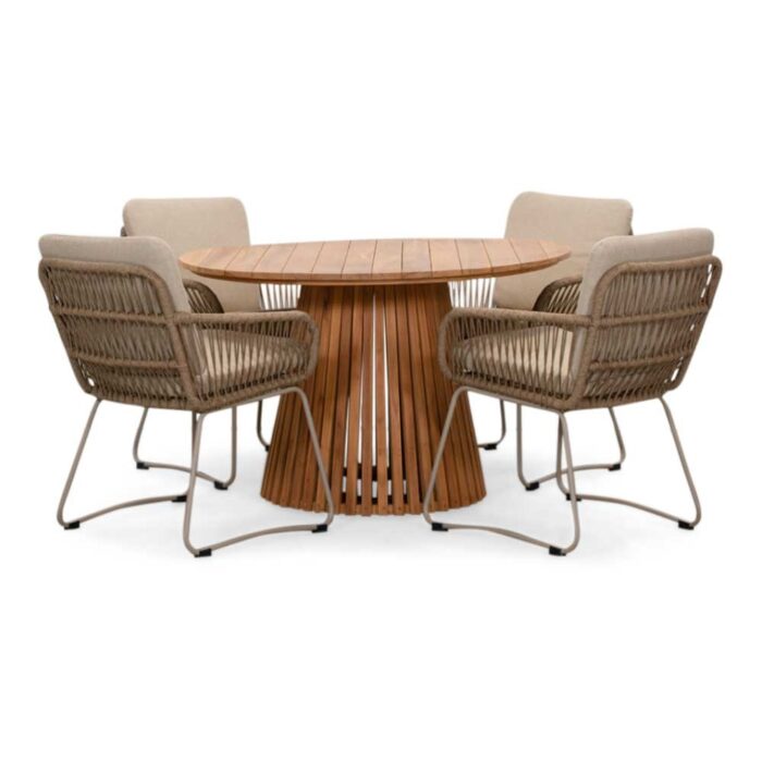 BUITEN living Palau/Harper Sandstone dining tuinset | 4 personen | teakhout + touw | 120cm – Zand