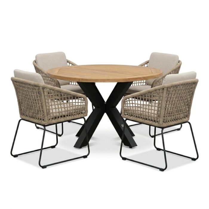 LUX outdoor living Cleve antraciet/Tulum Sahara Dust dining tuinset | 4 personen | teakhout + touw | 120cm rond