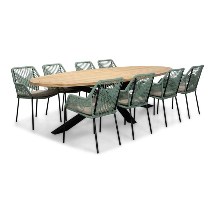 LUX outdoor living Cleve/Seville mint dining tuinset | 8 personen | teakhout + touw | 280cm ovaal – Zwart