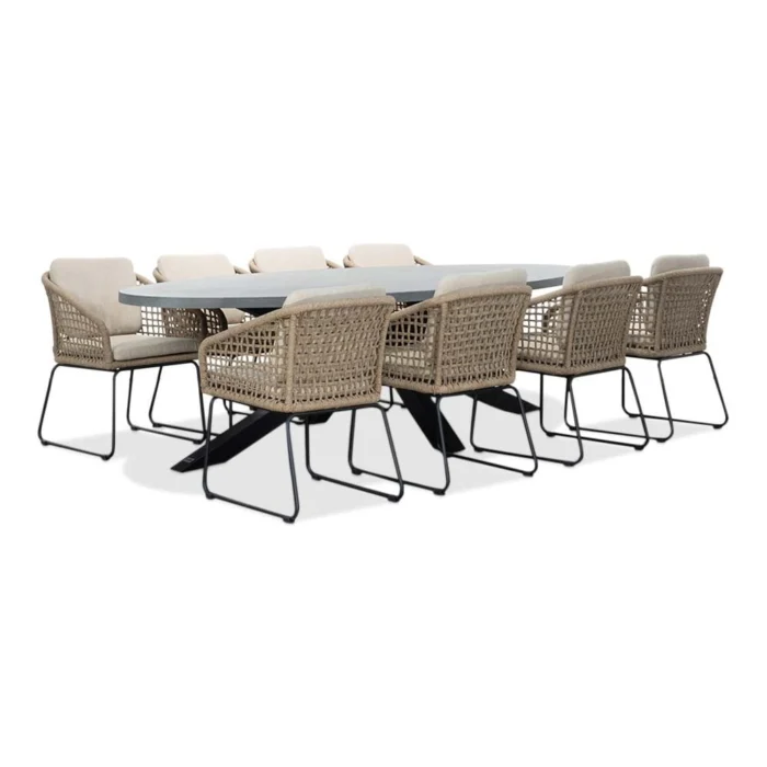 BUITEN living Stockholm/Tulum Sahara Dust dining tuinset | 8 personen | betonlook + touw | 280cm ovaal - Zand