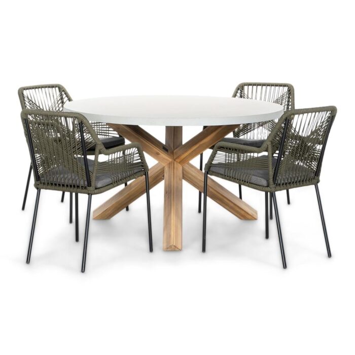 BUITEN living Nancy/Seville olijfgroen dining tuinset | 4 personen | betonlook + touw | 135cm rond – Light Teak, Olijfgroen, Betonlook