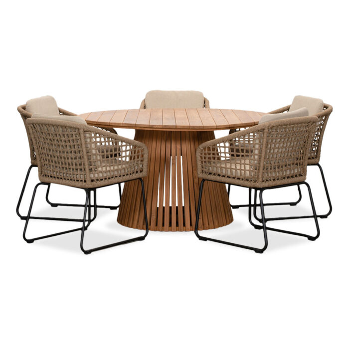 BUITEN living Palau/Tulum Sahara Dust dining tuinset | 5 personen | teakhout + touw | 140cm rond – Zand