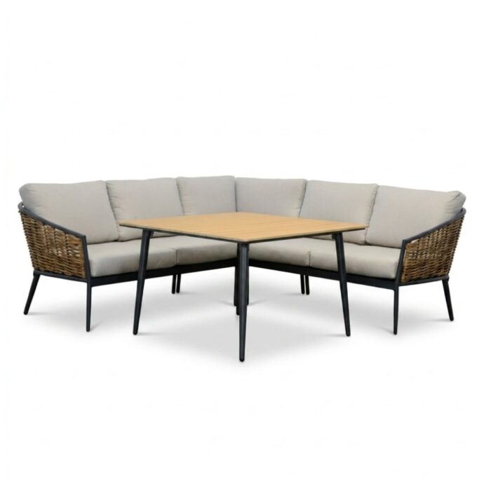 Denza Furniture Lucca dining loungeset 5 personen | wicker + aluminium | zand | 4-delig 219x219cm