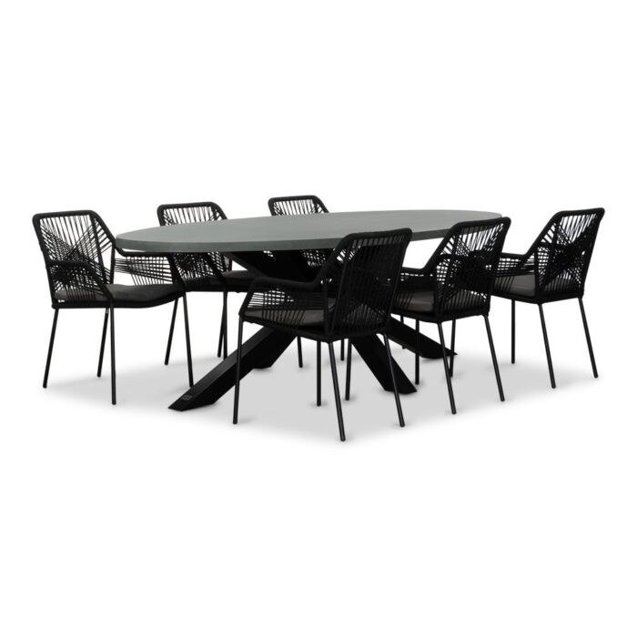 BUITEN living Stockholm/Seville zwart dining tuinset | 6 personen | betonlook + touw | 240cm ovaal – Grijs