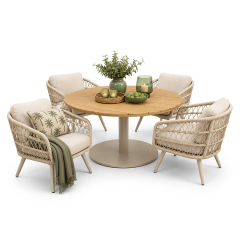 Warentuin Collection Outlet V: Auletta Low Diningset rond 4-persoons beige met teak tafelblad (9900000670030)