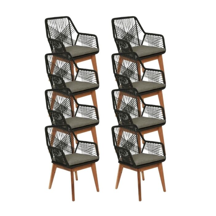 BUITEN living Seville dining tuinstoel set van 8 | touw + hardhout | zwart