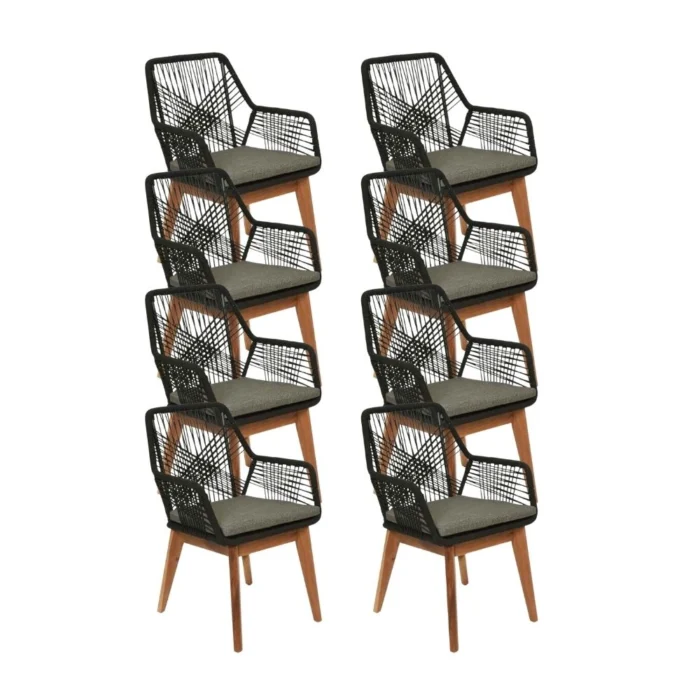 BUITEN living Seville dining tuinstoel set van 8 | touw + hardhout | zwart
